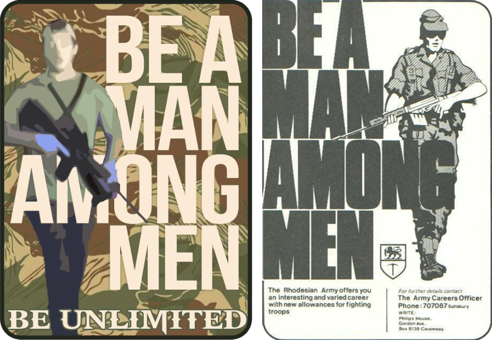 Big Daddy Unlimited’s Instagram image (left) compared to the Rhodesian army recruiting poster (right).