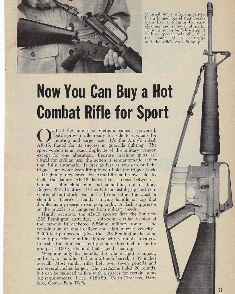 A print ad for the Colt AR-15 Sporter that ran in the February 1965 issue of Popular Science.