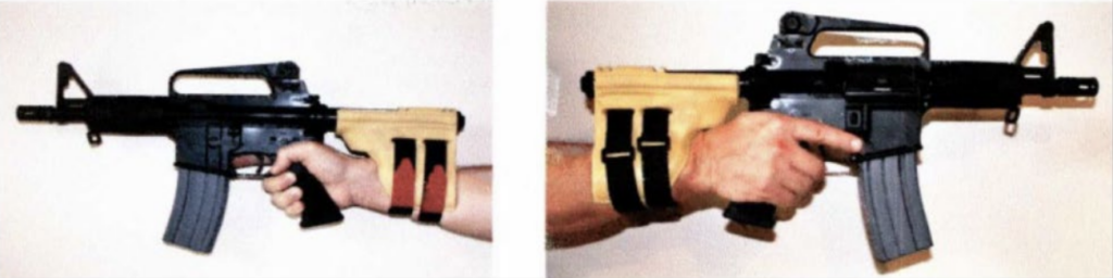 The first arm brace shown strapped to a shooter's forearm.