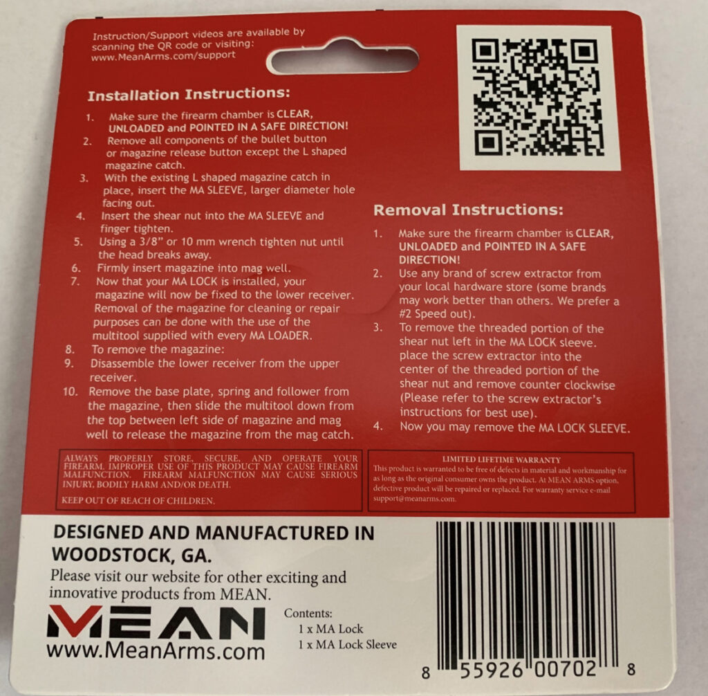 An image showing the back of the Mean Arms MA Lock packaging.