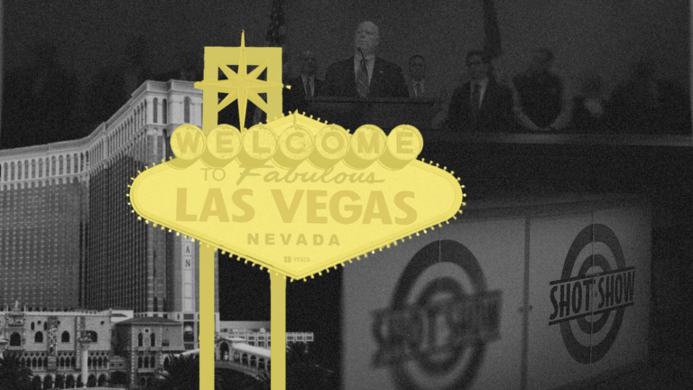 A collage of the NSSF's SHOT Show convention in Las Vegas, at the Venetian casino.
