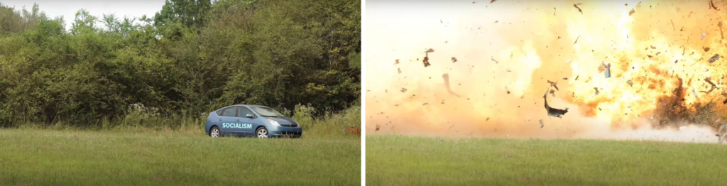 A Prius filled with Tannerite explodes after being shot by a rifle in a Marjorie Taylor Greene campaign video.