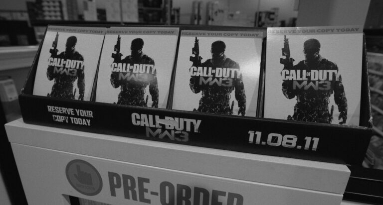 Copies of the video game Call of Duty Modern Warfare 3 are advertised for pre-order in 2011.