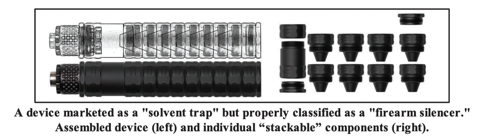 An ATF diagram of a "solvent trap" silencer with sound-dampening baffles, shown assembled and disassembled.