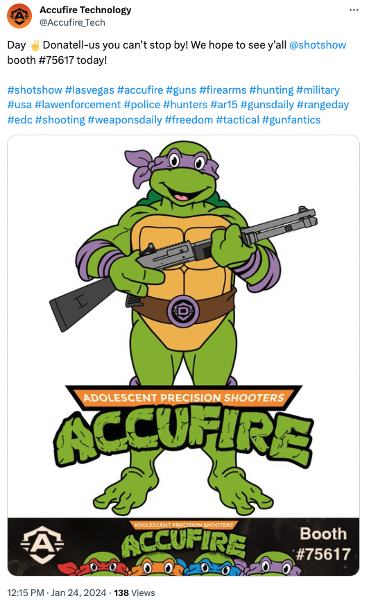 Accufire Technology announces its SHOT Show booth location using a Teenage Mutant Ninja Turtles-inspired image.