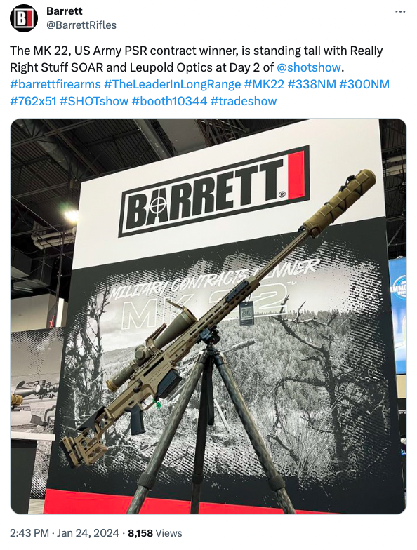 Barrett used its military contracts to market its sniper rifles at the 2024 SHOT Show.