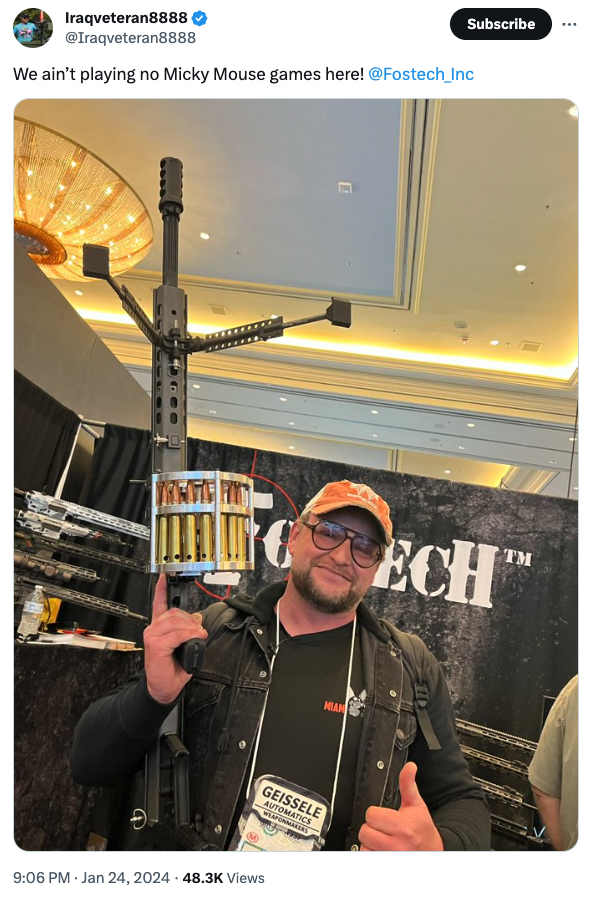 Social media influencer Iraqveteran8888 shows off a prototype drum magazine for .50-caliber Barrett rifles at SHOT Show.