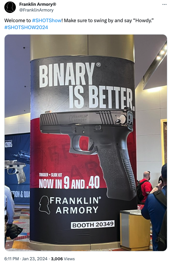 Frankly Armory advertises its binary triggers for Glocks at the 2024 SHOT Show.