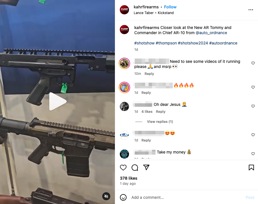 Kahr Firearms advertises its AR Tommy and Commander in Chief AR-10 on Instagram.