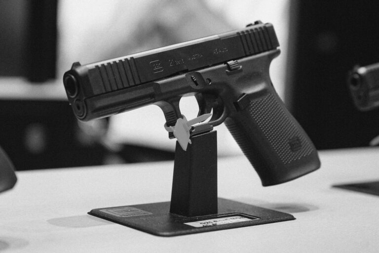 A Glock pistol is shown on display at the 2023 NRA convention.
