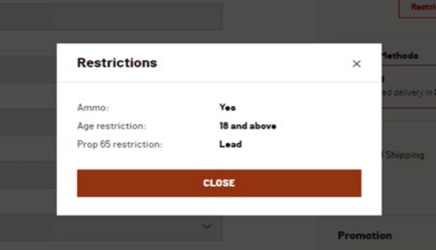 A "Restrictions" pop-up appears on the Brownells website while purchasing ammunition.