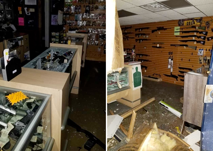 Police photos show the aftermath of the burglary at the American Defense Company gun store.