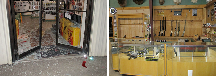 Crime scene photos from the burglary of Sportsman Emporium gun store in November 2021.