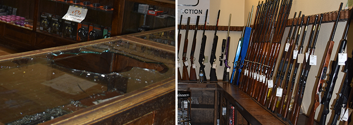 Crime scene photos show the broken display case at Sportsman’s Elite and several unsecured long guns.