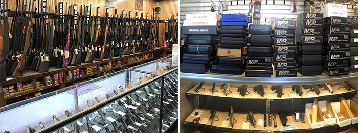 Photos from inside the Target World (left) and Founding Fathers Outfitters (right) gun stores.