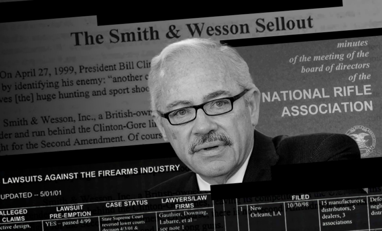 A collage of internal NRA documents is juxtaposed with an image of NRA President Bob Barr.