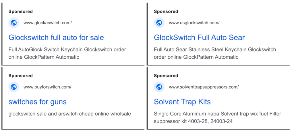 Screenshots of the seized websites’ Google Ads for Glock switches and silencers.