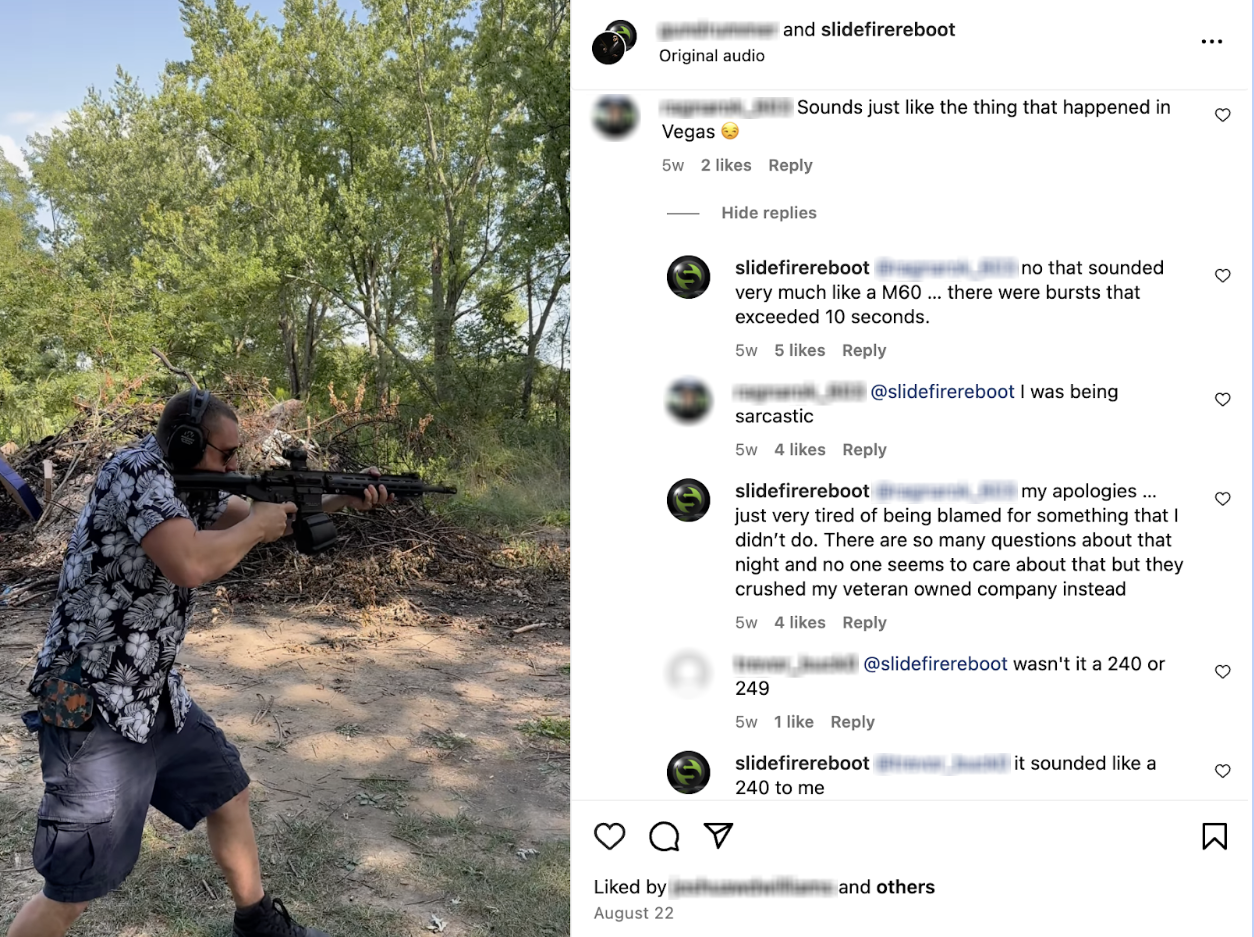 An Instagram video where Slide Fire suggests that the Las Vegas mass shooter used a military machine gun, not AR-15s equipped with bump stocks.