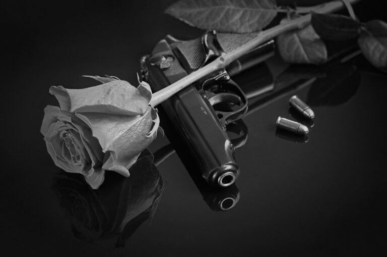 A pistol is shown with a rose, symbolic of the gun industry's attempts to market firearms on Valentine's Day.