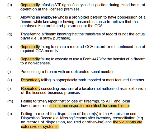 A screenshot of the ATF's latest administrative action policy, with new language highlighted.