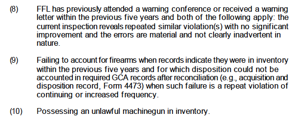 A screenshot of the ATF's latest administrative action policy showing three violations that were downgraded to warranting a warning conference.