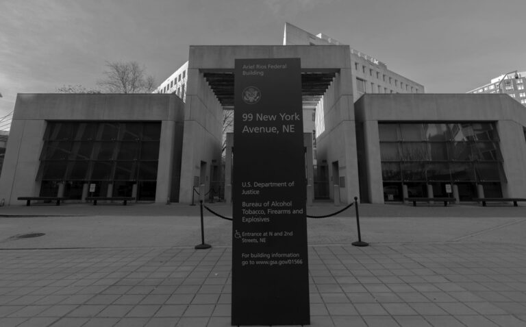 The front entrance of the ATF headquarters in Washington, D.C., is shown in December 2024.
