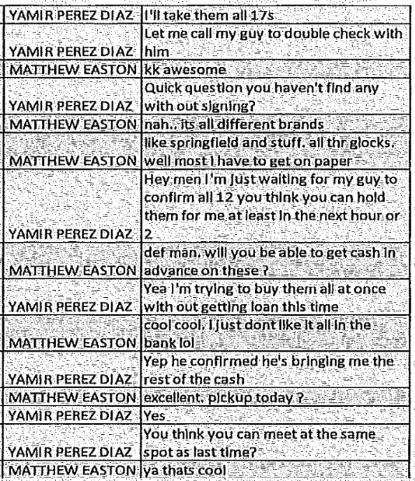 A screenshot of a text message chain between Easton and Perez Diaz included in the plea agreement.