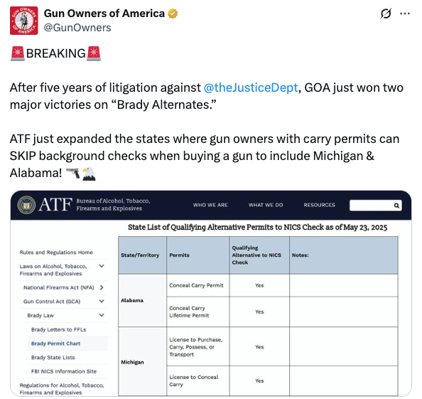 An X post from Gun Owners of America, a far-right gun group, celebrating the ATF's recent reversal on Brady alternatives for background checks.