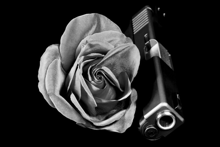 A red rose is shown next to a pistol.