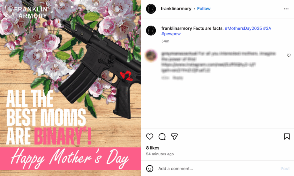 An Instagram post from Franklin Armory on Mother's Day advertising the company's binary triggers.