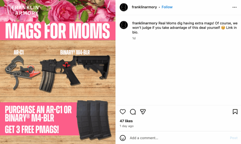An Instagram post from Franklin Armory advertising a promotion where the purchase of a binary trigger comes with three free high-capacity magazines.