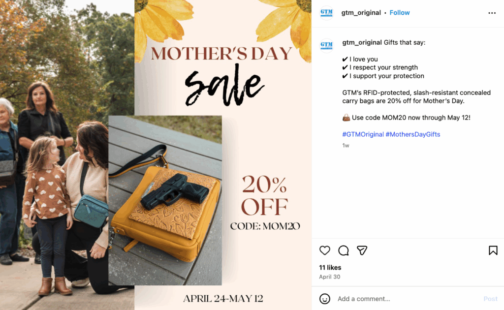 An Instagram post from Gun Tote'n Mamas on Mother's Day.