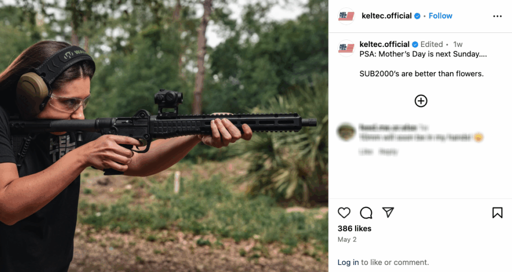 An Instagram post from Kel-Tec on Mother's Day showcasing a SUB2000 folding rifle.