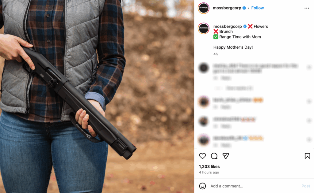 An Instagram post from Mossberg on Mother's Day showcasing the new AfterShock shotgun.