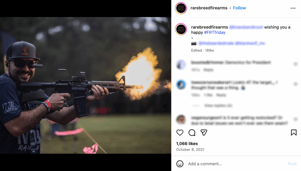An Instagram post from Rare Breed shows a man firing multiple rounds from an FRT-equipped AR-15 without looking at his target.