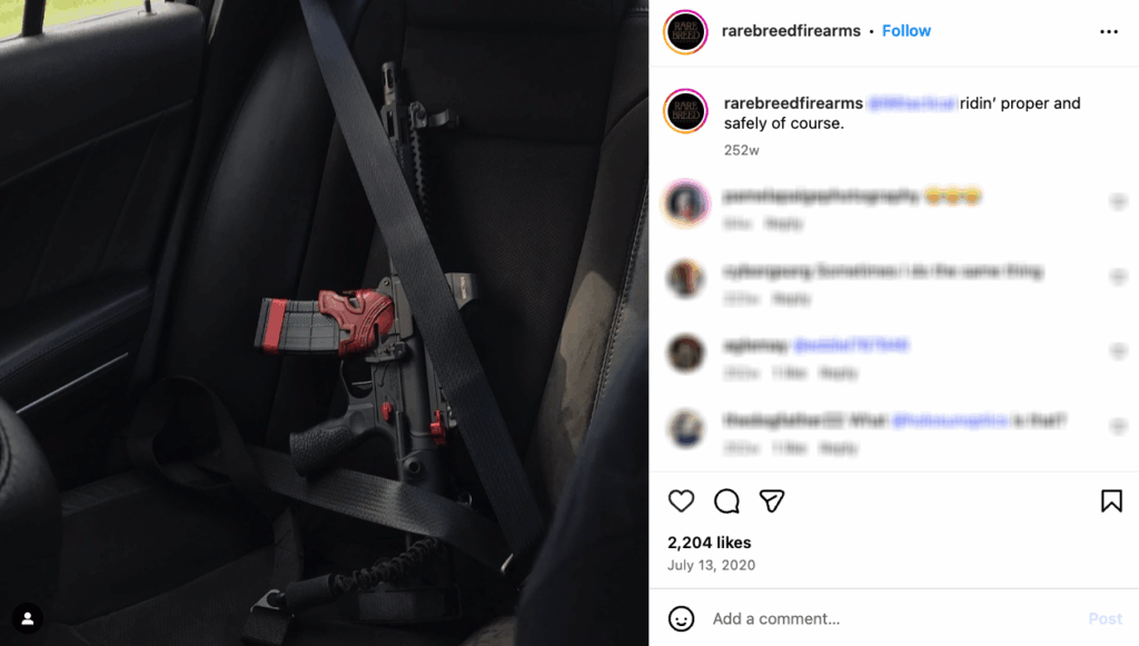 Another Rare Breed Triggers post shows an AR-15 “ridin’ proper and safely” in the passenger seat of a vehicle.