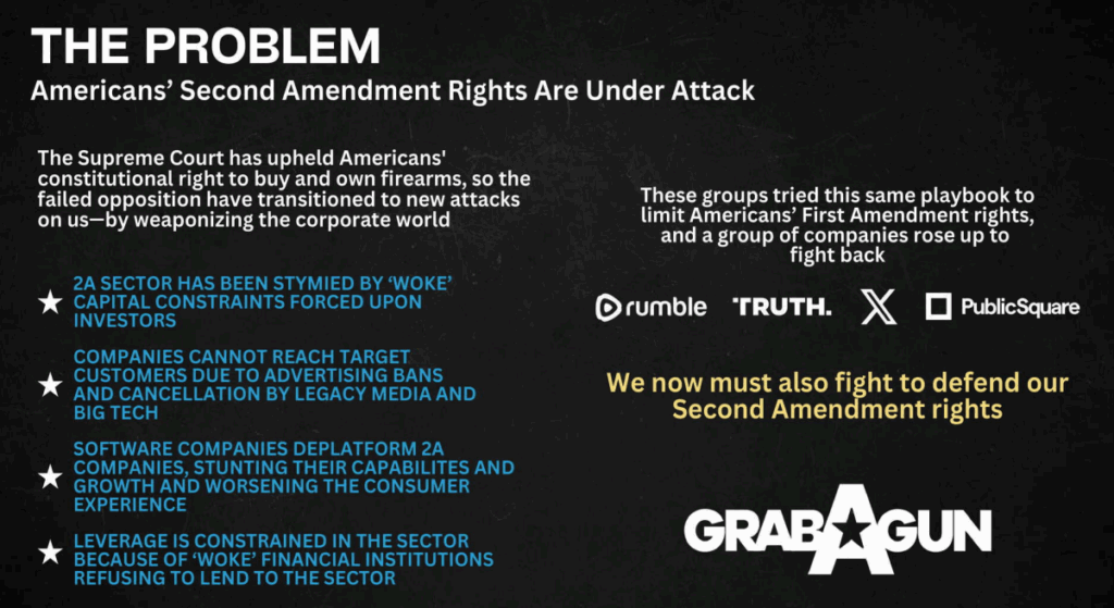 A screenshot from the GrabAGun investor presentation, which claims that Second Amendment rights are “under attack” and that the gun industry has been “stymied by ‘woke’ capital constraints.”