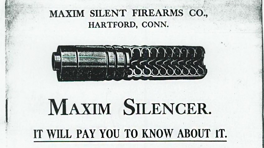 An advertisement for a Maxim silencer shows a cutaway view of the device.