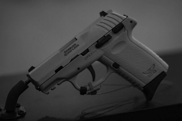 A SCCY CPX-1 9mm pistol is shown at the NRA annual convention.