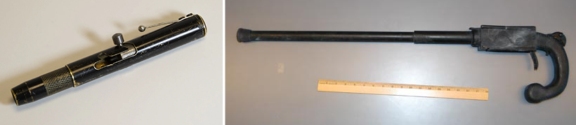 A pen gun (left) and cane gun (right). Both are considered NFA weapons. (FBI Photos)