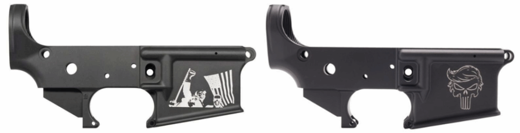 Anderson’s “Trump Fight” (left) and “Trump Punisher” AR-15 lower receivers. Ironically, the former commemorates Trump surviving an assassination attempt carried out with a DPMS AR-15.