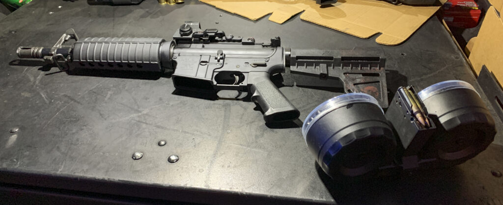 The perpetrator of the Dayton mass shooting used this short-barreled Anderson AR-15 and 100-round drum magazine. (AP Photo)