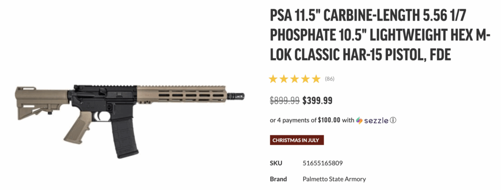 A screenshot of a similar AR-15 “pistol” currently on sale on the Palmetto State Armory website.