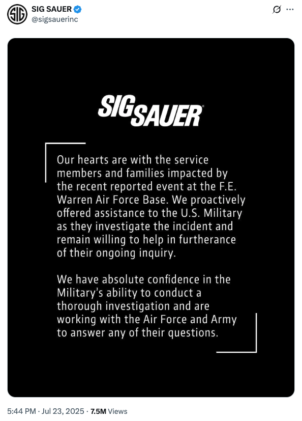 Sig Sauer issued a statement via X after the Air Force announced the death of an airman whose holstered M18, a version of the P320, fired without an intentional trigger pull.