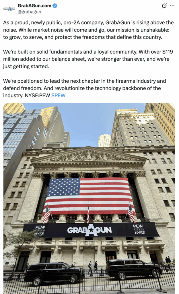 A July 17 tweet shows the GrabAGun banner outside the New York Stock Exchange.
