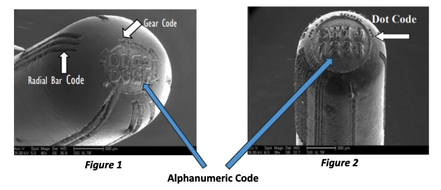 Images from the DOJ report show different types of microstamping codes engraved onto firing pins.
