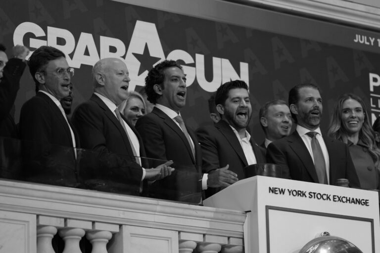 Donald Trump Jr. and other board members of GrabAGun ring the bell at the New York Stock Exchange on July 16.