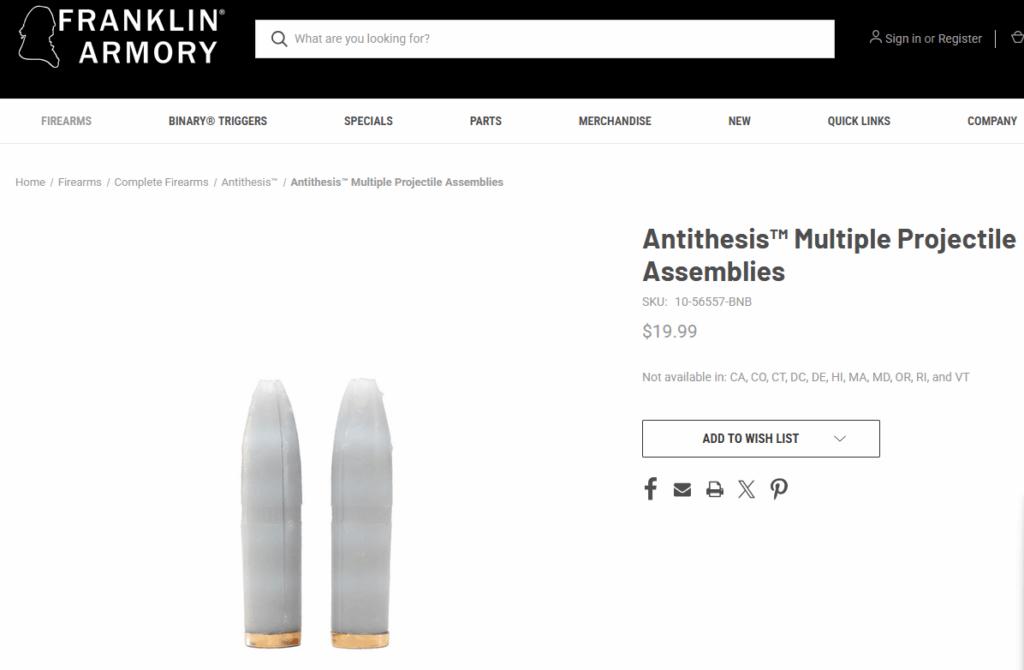 A since-deleted product listing shows two Antithesis rounds that each hold multiple shot pellets.