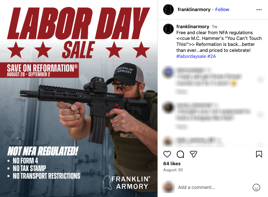 Franklin Armory advertised the “not NFA regulated!” Reformation on Instagram for a Labor Day sale.