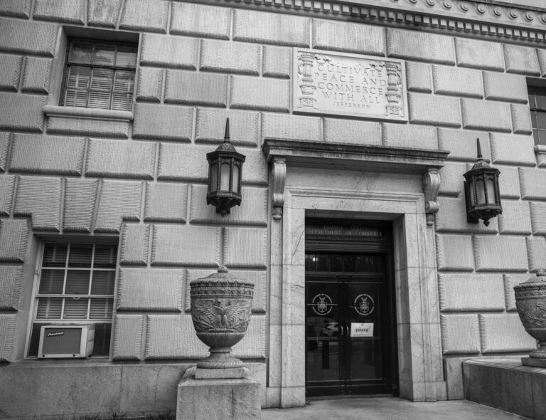 An entrance to the Commerce Department headquarters in Washington, D.C., is shown in May 2025.